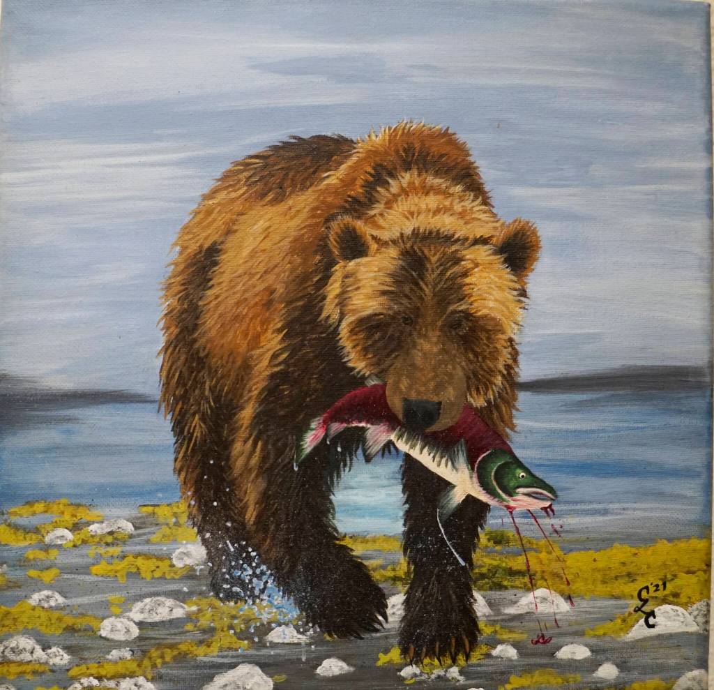 Grade 11 Ninilchik School student Cadence Campbell's "Bear with Salmon." (Photo by Michael Armstrong/Homer News)