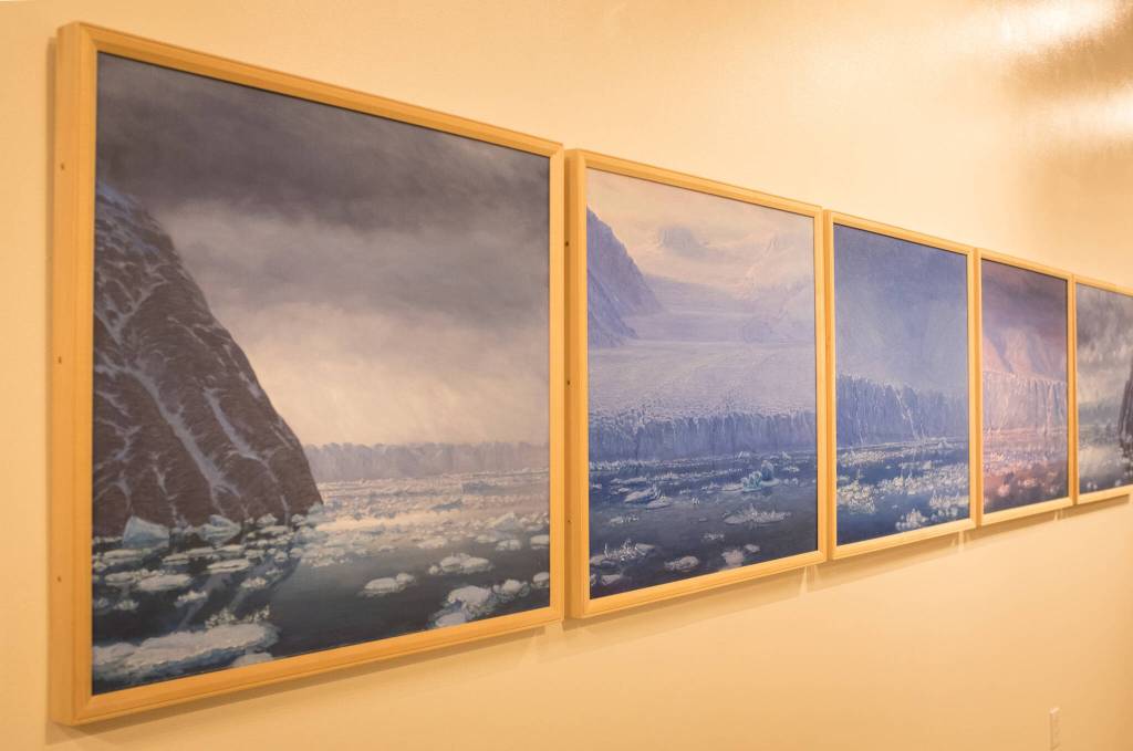 A series of paintings of the Columbia Glacier, which David Rosenthal called the poster child for glaciers and ice retreat. (Photo by Sean McDermott)