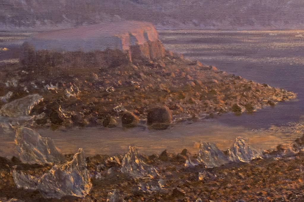 A close up of ice in one of David Rosenthals paintings from his show, Painting at the End of the Ice, on display at the Pratt Museum & Park in Homer, Alaska. (Photo by Sean McDermott)