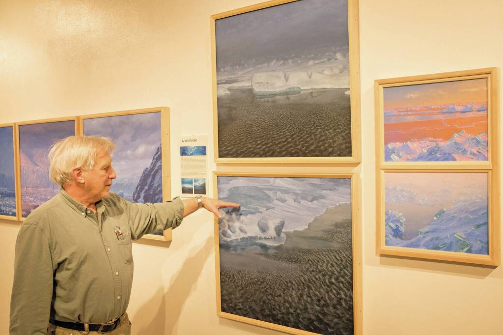 Photo by Sean McDermott 
David Rosenthal describes work from his travels around the Arctic Ocean and through the Northwest Passage from his show, Painting at the Edge of the Ice Age, at the Pratt Museum & Park in Homer, Alaska.