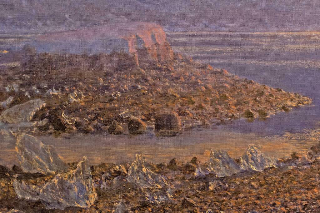 Photo by Sean McDermott 
A close up of ice in one of David Rosenthals paintings from his show, Painting at the End of the Ice, on display at the Pratt Museum & Park in Homer, Alaska.