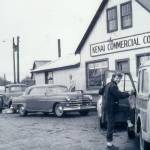 Better Homes & Gardens article photo, 1955
Rusty Lancashire, who befriended her neighbor, Miriam Mathers, climbs into her vehicle in front of the Kenai Commercial Company store in Kenai.