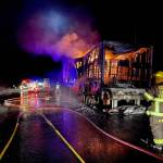 Cooper Landing Fire and Emergency Medical Services respond to a trailer fire on Tuesday, April 26, 2022, near Mile 38 Seward Highway near Cooper Landing, Alaska. The fire destroyed the trailer carrying U.S. Mail from Anchorage to the Southern Kenai Peninsula. (Photo courtesy of Cooper Landing Fire and EMS)