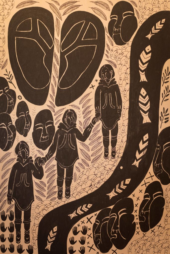 Artist Amber Webbs The World is Listening is inspired by three brave young women  Alora, Harmony, and Trista  who are advocating to change the name of a creek and road in Dillingham that bears an offensive slur. Her work will be on display at Bunnell Street Arts Center through the month of May. (Photo by Sean McDermott)