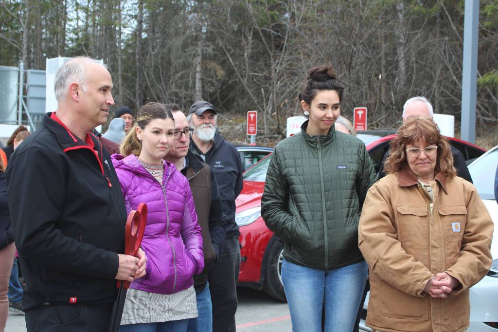The Krull family fields questions from State Sen. Peter Micciche during a ribbon cutting ceremony on Saturday, April 30, 2022, in Soldotna, Alaska. (Ashlyn OHara/Peninsula Clarion)