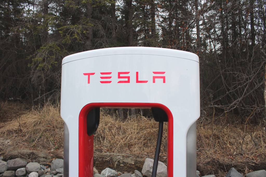 A Tesla charging station is used on Saturday, April 30, 2022, in Soldotna, Alaska. (Ashlyn OHara/Peninsula Clarion)