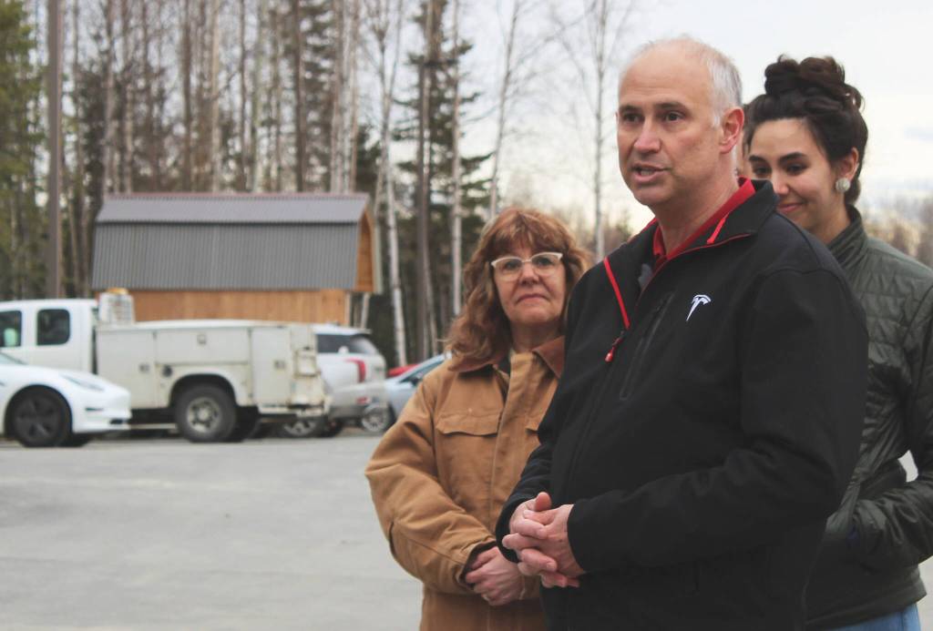 Dr. Henry Krull addresses attendees at a ribbon cutting ceremony for Alaskas first Tesla Supercharger station on Saturday, April 30, 2022, in Soldotna, Alaska. (Ashlyn OHara/Peninsula Clarion)