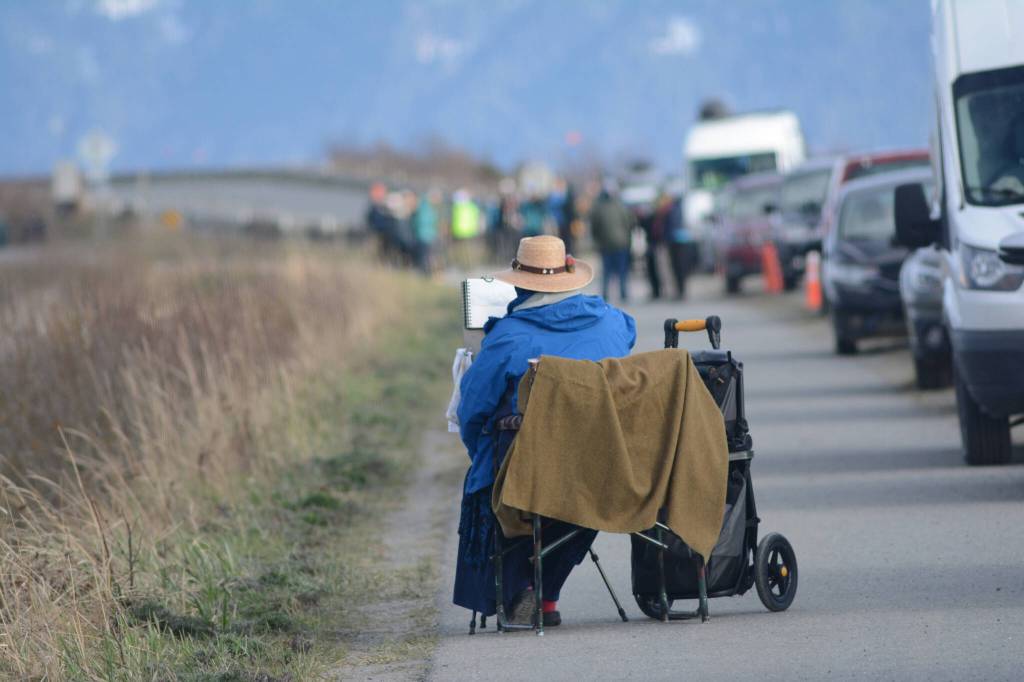 A woman paints a landscape a birdwatchers scan Mud Bay for birds on Friday, May 6, 2022, during the Kachemak Bay Shorebird Festival in Homer, Alaska. (Photo by Michael Armstrong/Homer News)