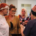 Former Alaska governor and current congressional hopeful Sarah Palin speaks with attendees at a meet-and-greet event outside Gingers Restaurant on Saturday, May 14, 2022, in Soldotna, Alaska. (Ashlyn OHara/Peninsula Clarion)