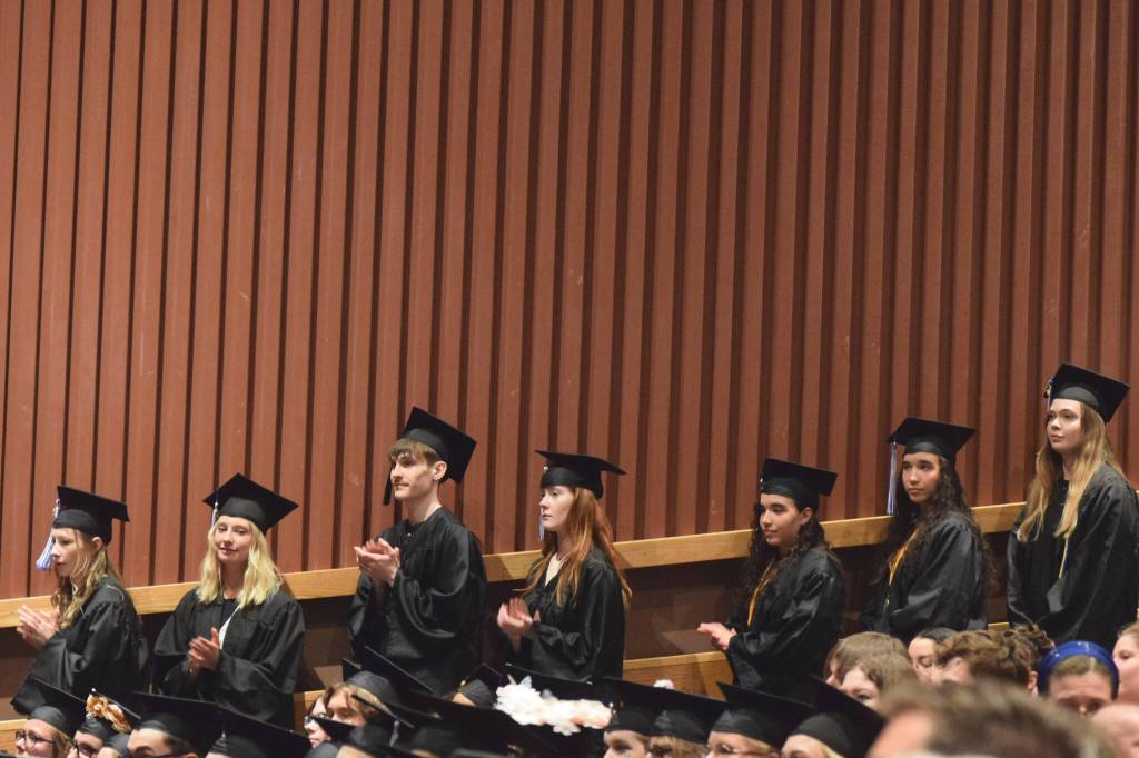 Graduates wait to receive diplomas during Connections Homeschools commencement ceremony on Thursday, May 19, 2022, in Soldotna, Alaska. (Ashlyn OHara/Peninsula Clarion)