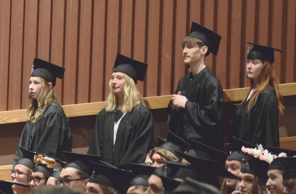 Graduates wait to receive diplomas during Connections Homeschools commencement ceremony on Thursday, May 19, 2022, in Soldotna, Alaska. (Ashlyn OHara/Peninsula Clarion)