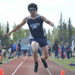 Soldotna's Isaac Chavarria competes in the triple jump at the Region 3/Division I meet at Ed Hollier Field at Kenai Central High School in Kenai, Alaska, on Saturday, May 21, 2022. (Photo by Jeff Helminiak/Peninsula Clarion)