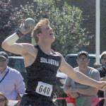 Soldotnas Dylan Dahlgren finishes second in the boys Division I shot put Saturday, May 28, 2022, at the Division I state track and field meet at Dimond High School in Anchorage, Alaska. (Photo by Jeff Helminiak/Peninsula Clarion)