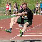 Sewards Tommy Cronin wins the boys Division II triple jump Saturday, May 28, 2022, at the Division II state track and field meet at Dimond High School in Anchorage, Alaska. (Photo by Jeff Helminiak/Peninsula Clarion)