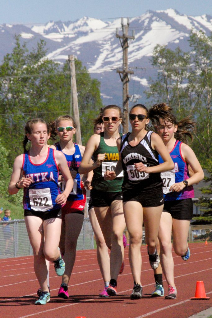 Nikiskis Rylee Ellis finishes second in the girls Division II 800 meters Saturday, May 28, 2022, at the Division II state track and field meet at Dimond High School in Anchorage, Alaska. (Photo by Jeff Helminiak/Peninsula Clarion)