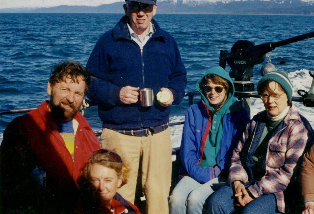 At left are Roger and Kathy Hernsteen, Mr. and Mrs. Crab, who lead onboard oceanography progrms. With them are Mitch Mitchell, Lisa Ellington and former CACS Director Janet Middleton. (Photo courtesy CACS)