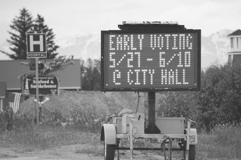 Photo by Michael Armstrong/Homer News
A portable sign on the Sterling Highway on Tuesday, June 7, reminds voters they can vote or turn in their special-election mail-in ballots at Homer City Hall through Friday, June 10.