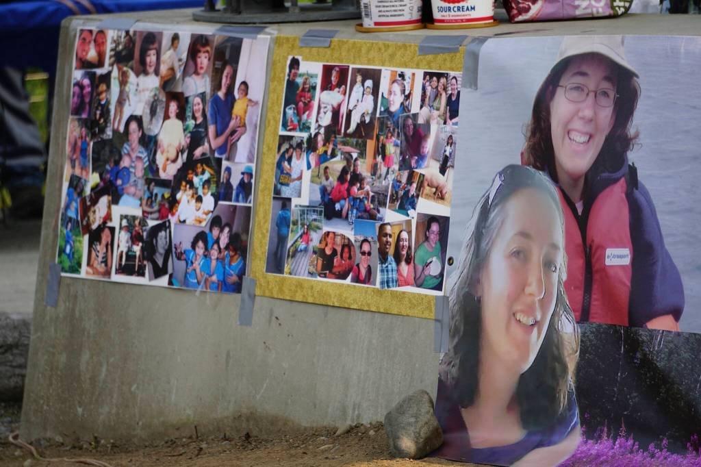 Images of Anesha Duffy Murnane are shown at her memorial and the dedication of the Loved & Lost Memorial Bench on Sunday, June 12, 2022, at the Homer Public Library in Homer, Alaska. (Photo by Michael Armstrong/Homer News)