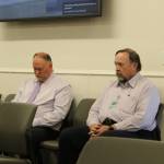 Kevin Lyon (left) and John Hedges (right) attend a meeting of the Kenai Peninsula Borough Assembly on Tuesday, June 21, 2022 in Soldotna, Alaska. The two have worked to address deferred maintenance at Kenai Peninsula Borough School District facilities. (Ashlyn OHara/Peninsula Clarion)