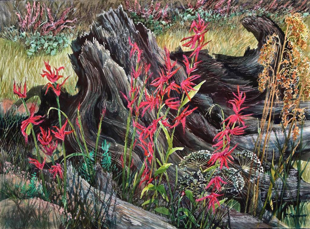 One of Carolyn Seymours works of arts to be shown Friday and Saturday, July 8-9, 2022, at Ptarmigan Arts in Homer, Alaska. The show honors Seymour, Ptarmigans oldest artist, who turned 100 in May. (Photo provided)