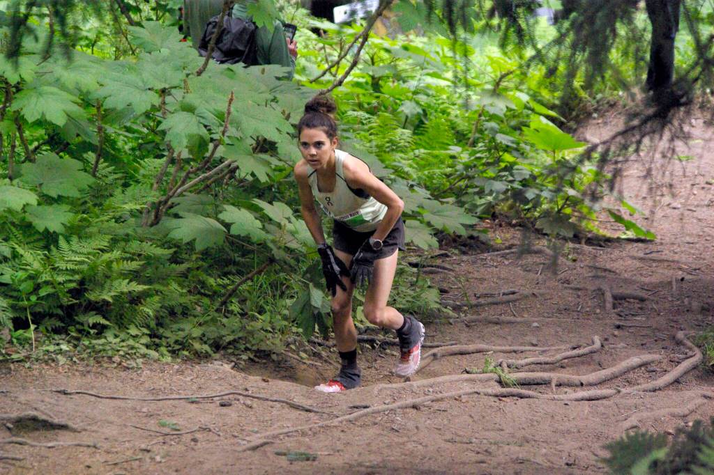 Allie McLaughlin sets the new record at the women's Mount Marathon Race on July 4, 2022, in Seward, Alaska. (Photo by Jeff Helminiak/Peninsula Clarion)