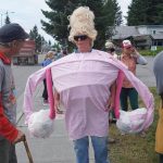 Steve McCasland wears a uterus costume for the Womens March: Bans Off Our Bodies protest on Saturday, July 9, 2022, in Homer, Alaska. (Photo by Michael Armstrong/Homer News)