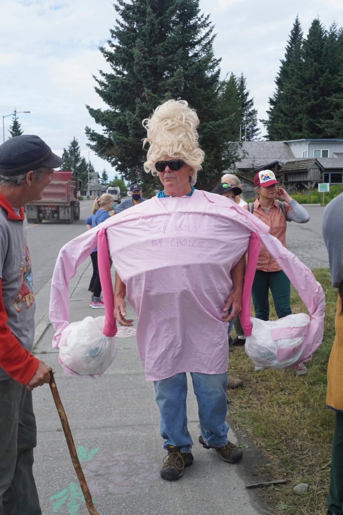 Steve McCasland wears a uterus costume for the Womens March: Bans Off Our Bodies protest on Saturday, July 9, 2022, in Homer, Alaska. (Photo by Michael Armstrong/Homer News)