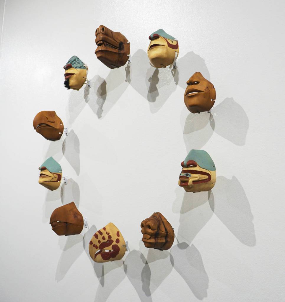 Were Still Here, masks made by Naal xàkw/Tommy Joseph, are in Protection: Adaptation and Resistance, on exhibit at the Pratt Museum & Park in Homer, Alaska, through Sept. 24, 2022. Naal xàkw, of Sitka, made the masks to fit over N-95 facemasks to promote mask wearing. (Photo by Michael Armstrong/Homer News)