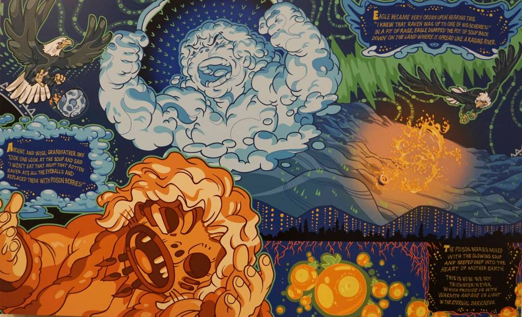 Artists and writers Dimi Macheras and Casey Silver created Chickaloonies, a graphic novel that tells traditional Indigenous stories from Chickaloon. This large panel is from the book, and part of Protection: Adaptation and Resistance, on exhibit at the Pratt Museum & Park in Homer, Alaska, through Sept. 24, 2022. (Photo by Michael Armstrong/Homer News)