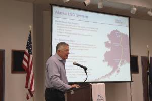 Alaska LNG Project Manager Brad Chastain presents information about the project during a luncheon at the Kenai Chamber Commerce and Visitor Center on Wednesday, July 6, 2022, in Kenai, Alaska. (Ashlyn OHara/Peninsula Clarion)