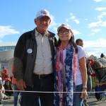 Mike (left) and Kathy (right) Medcoff wait to enter the Alaska Airlines Center for a Save America rally on Saturday, July 9, 2022 in Anchorage, Alaska. Former President Donald Trump, U.S. Senate candidate Kelly Tshibaka and U.S. House candidate Sarah Palin were among the events speakers. (Ashlyn OHara/Peninsula Clarion)