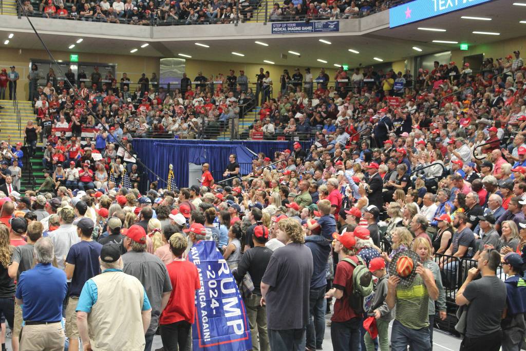 Attendees gather during a Save America rally at the Alaska Airlines Center on Saturday, July 9, 2022 in Anchorage, Alaska. (Ashlyn OHara/Peninsula Clarion)