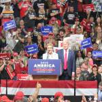 Sarah Palin (left) and Donald Trump (right) speak during a Save America rally at the Alaska Airlines Center on Saturday, July 9, 2022 in Anchorage, Alaska. (Ashlyn OHara/Peninsula Clarion)