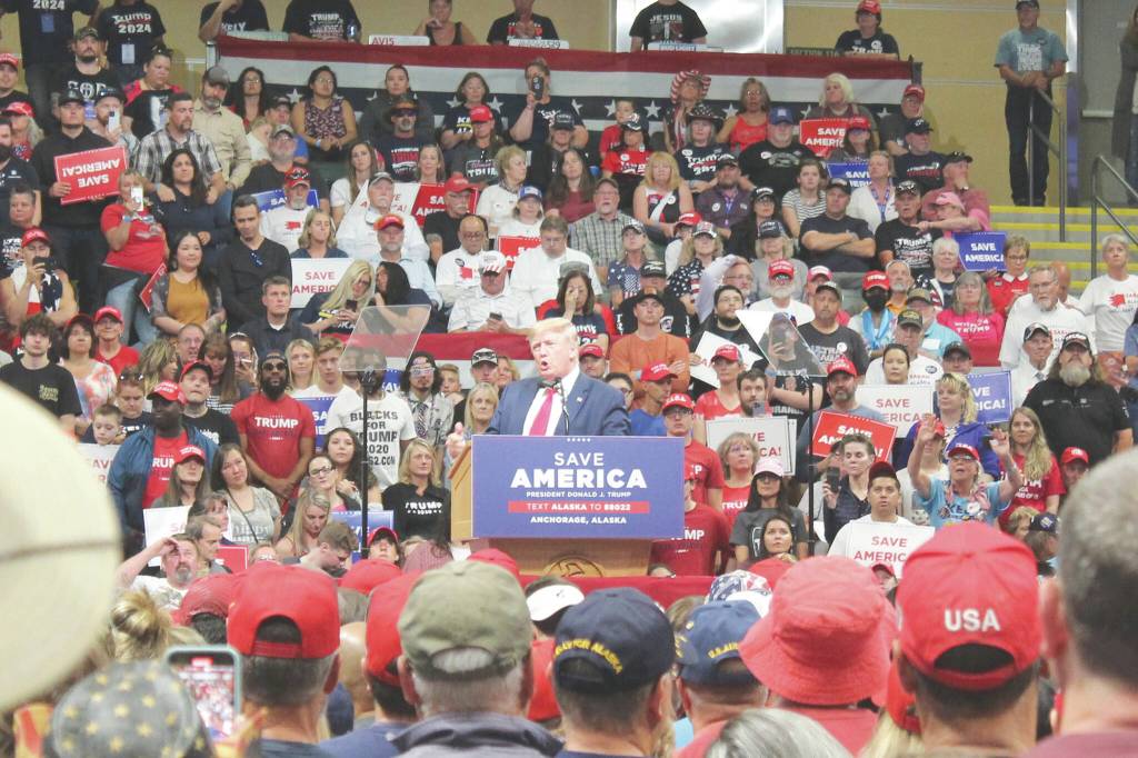 Former President Donald Trump address Save America rally attendees at the Alaska Airlines Center on Saturday, July 9, 2022 in Anchorage, Alaska. (Ashlyn O'Hara/Peninsula Clarion)