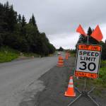 Sign cautioning drivers on East Hill Road on Monday, July 25, 2022, in Homer, Alaska. (Photo by Charlie Menke/Homer News)
