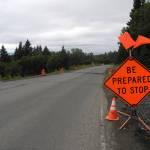 Sign indicating upcoming construction on East Hill Road on Monday, July 25, 2022, in Homer, Alaska. (Photo by Charlie Menke/Homer News)