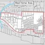 This map shows a proposed rezone from rural residential to urban residential for the lower West Hill Road area. The Homer Planning Commission recommended only rezoning the area east of West Hill Road, and the Homer City Council introduced an ordinance at its June 27 meeting to just rezone the east side. (Map courtesy of city of Homer)