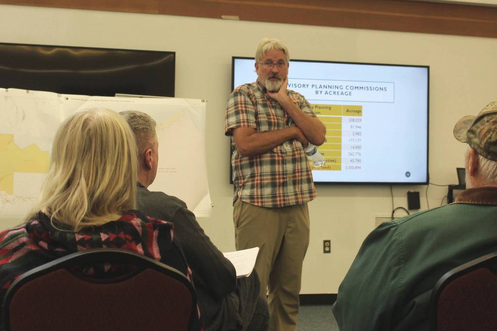 Robert Ruffner fields questions from attendees at a meeting to discuss the potential boundaries of a Nikiski Advisory Planning Commission at the Nikiski Community Recreation Center on Tuesday, July 19, 2022, in Nikiski, Alaska. (Ashlyn OHara/Peninsula Clarion)