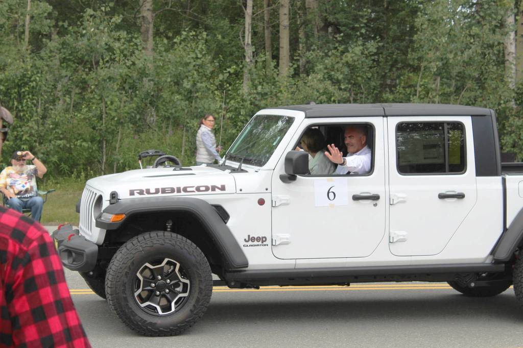 Soldotna Progress Days King Keith Hamilton and Queen Debbie Hamilton participate in the 65th annual Soldotna Progress Days Parade on Saturday, July 23, 2022, in Soldotna, Alaska. (Ashlyn OHara/Peninsula Clarion)