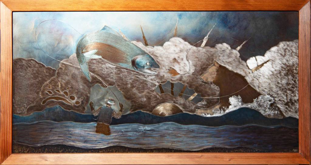 Jeff Deans Naknek River Sunrise, an engraved steel painting, showing at the Dean Family Gallery in Homer, Alaska. (Photo provided)