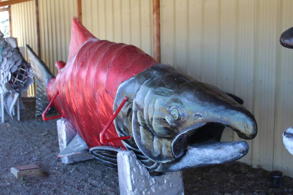 A salmon art installation waits to be hoisted in Ninilchik, Alaska, on Friday, Aug. 5, 2022 for Salmonfest, an annual event that raises awareness about salmon-related causes. (Ashlyn OHara/Peninsula Clarion)