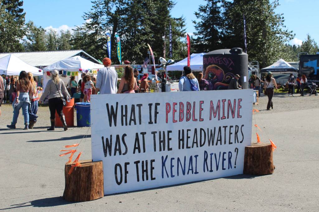 A sign welcomes patrons to Ninilchik, Alaska, on Friday, Aug. 5, 2022 for Salmonfest, an annual event that raises awareness about salmon-related causes. (Ashlyn OHara/Peninsula Clarion)