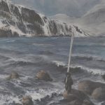 Kate Lochridges painting shows a surveyor with JOA Surveys LLC of Alaska taking tidal measurements. (Photo by MIchael Armstrong/Homer News)