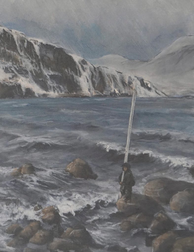 Kate Lochridges painting shows a surveyor with JOA Surveys LLC of Alaska taking tidal measurements. (Photo by MIchael Armstrong/Homer News)