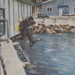 Kate Lochridges painting shows a scuba diver checking on a tidal gauge in Seldovia, Alaska. (Photo by MIchael Armstrong/Homer News)