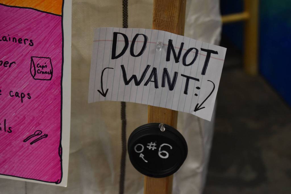 An example of plastic that cannot be recycled is displayed on the recycling super sack at the Cook Inletkeeper Community Action Studio in Soldotna, Alaska, on Aug. 11, 2022. (Jake Dye/Peninsula Clarion)