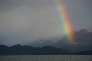 A rainbow shines over Kachemak Bay on Saturday, Aug. 20, 2022, in Homer, Alaska. (Photo by Michael Armstrong/Homer News)