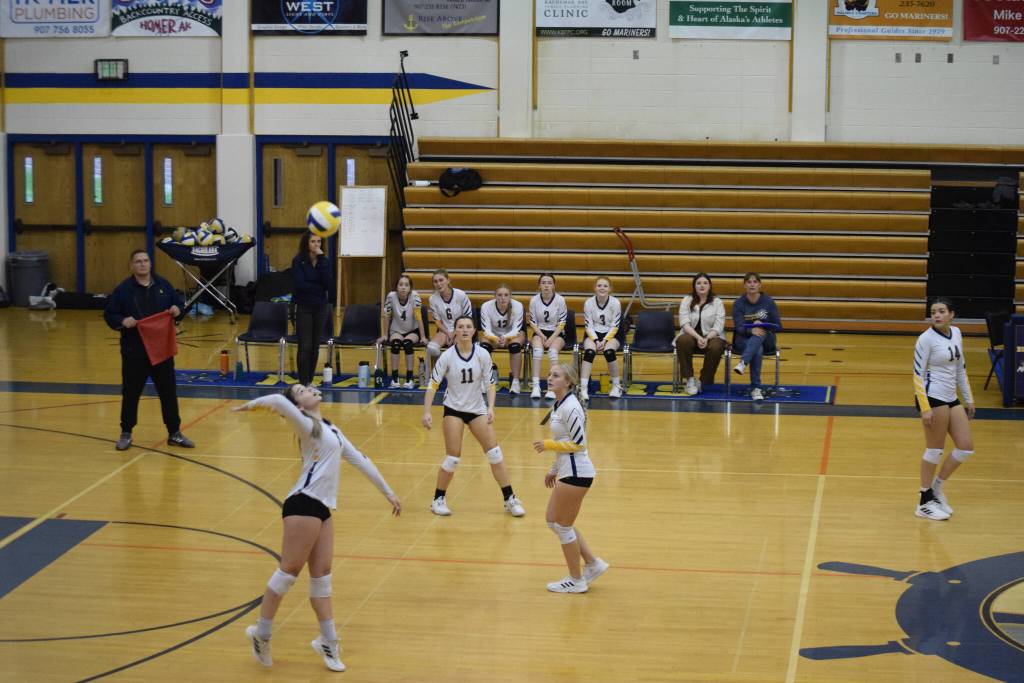 Senior Brooke Shafer hits from back court at Homer High School Alice Witte Gym on Wednesday, Aug. 24, 2022. (Photo by Charlie Menke/ Homer News)
