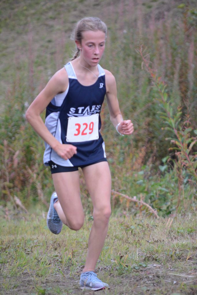 Soldotnas Tania Boonstra comes down the final hill to pull in second at the Homer Invite on Friday, Sept. 2, 2022, at the Lookout Mountain Trails near Homer, Alaska. (Photo by Michael Armstrong/Homer News)