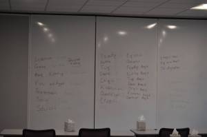 Denaina language relating to common classroom items is written on a white board at the Kahtnuhtana Duhdeldiht Campus in Kenai, Alaska, on Thursday, Sept. 1, 2022. (Jake Dye/Peninsula Clarion)